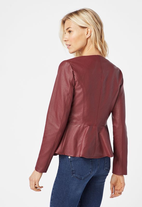 Peplum Faux Leather Jacket in CABERNET - Get great deals at JustFab