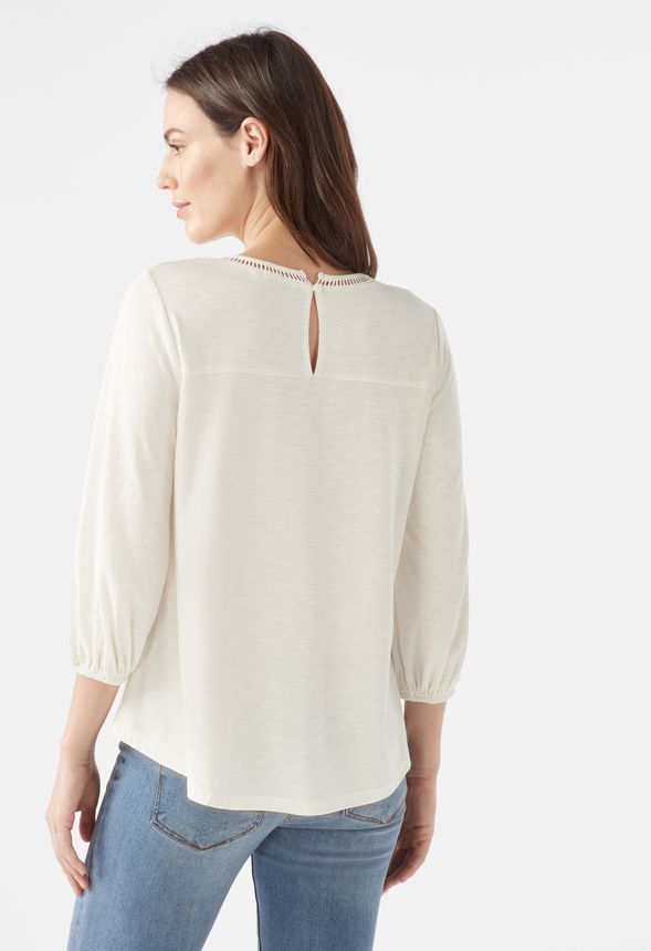 Knit Peasant Top With Crochet in Cream - Get great deals at JustFab