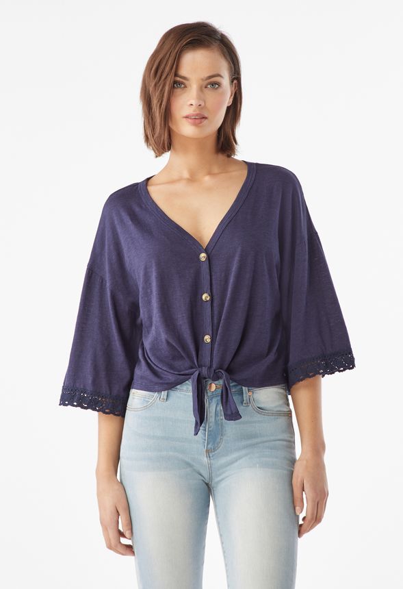 Button Front Knit Top in Navy - Get great deals at JustFab