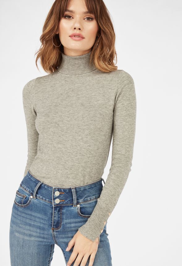 Long Sleeve Turtleneck With Buttons in Heather Grey - Get great deals ...