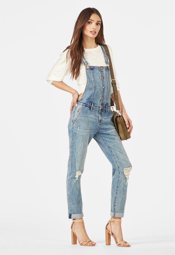 Button Front Relaxed Denim Overalls in Blue Revival - Get great deals ...