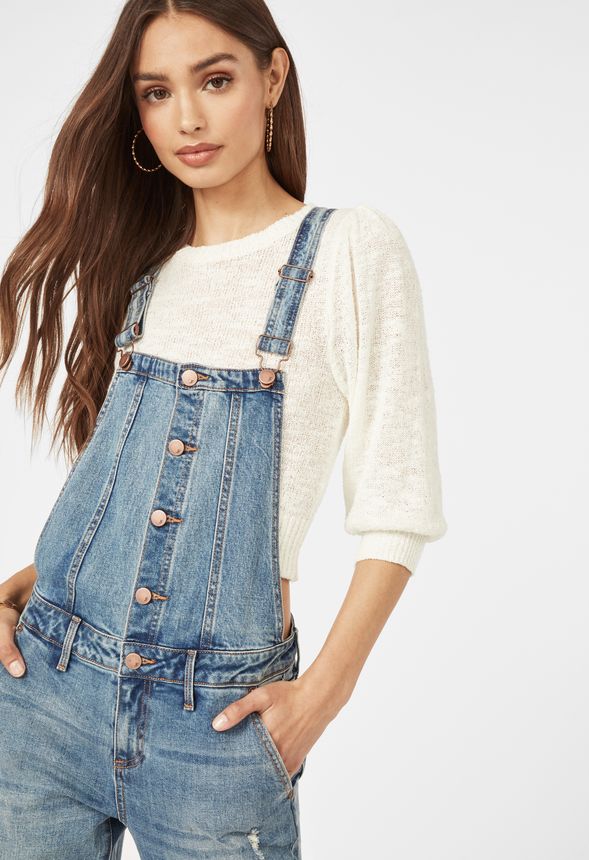 Button Front Relaxed Denim Overalls in Blue Revival - Get great deals ...