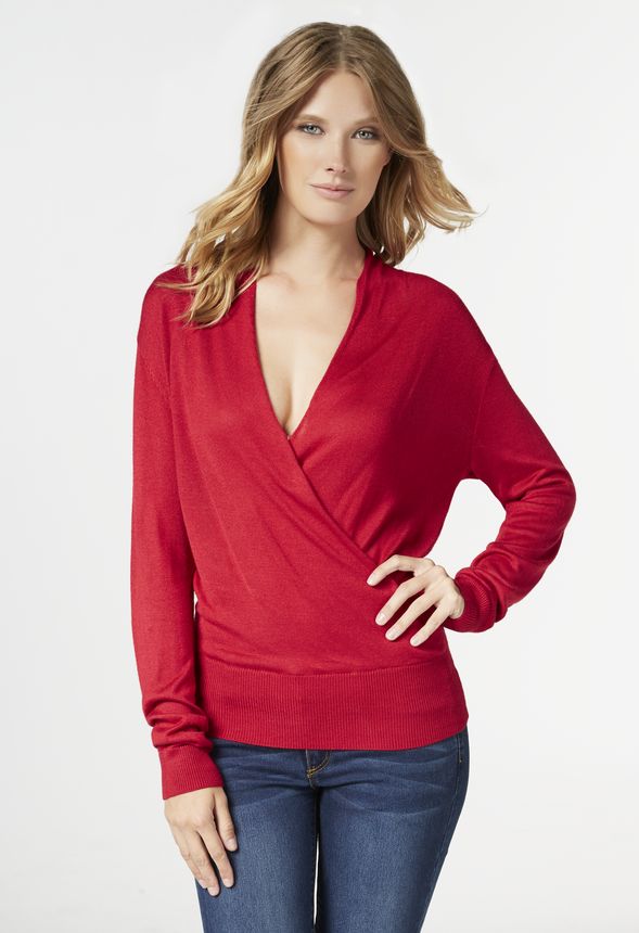 Surplice Front Sweater in Red - Get great deals at JustFab