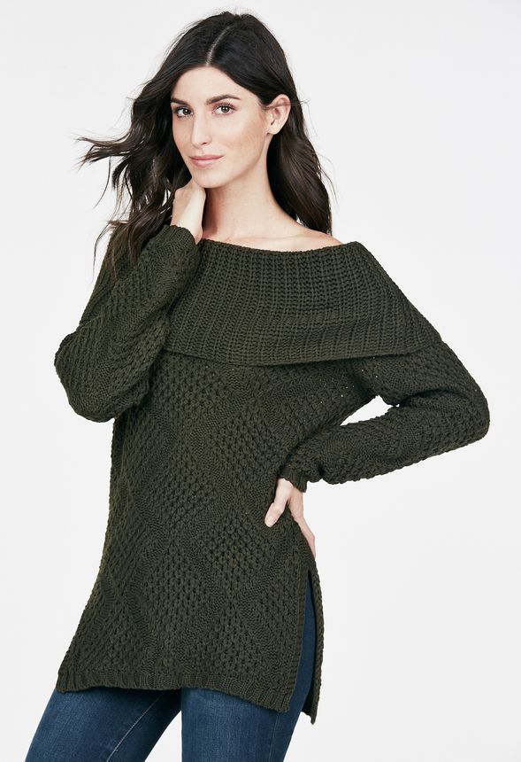 Slouchy Off Shoulder Pullover in Olive - Get great deals at JustFab