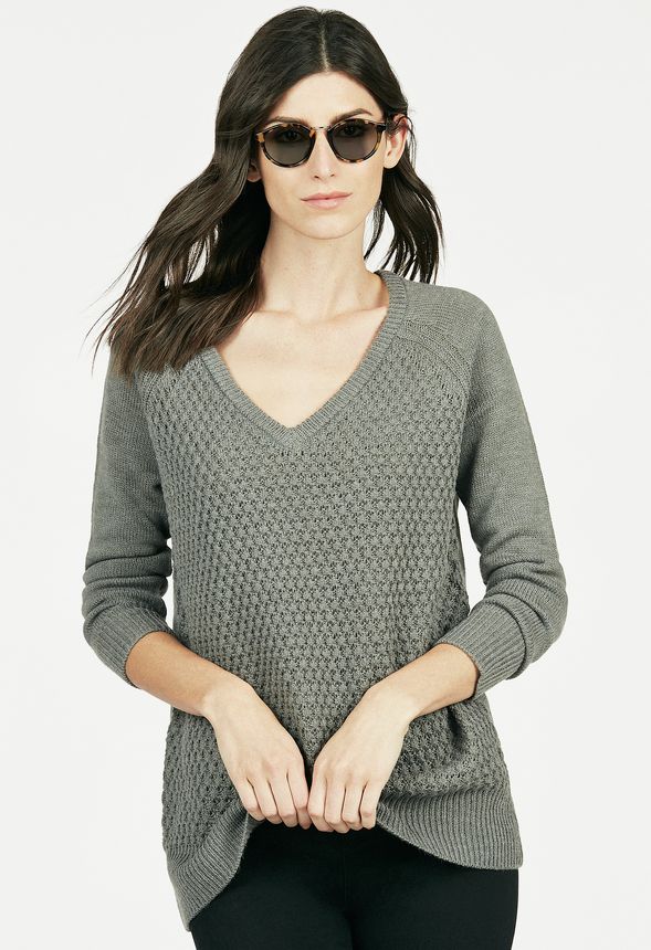 Stitched V-Neck Pullover Sweater in FOG - Get great deals at JustFab