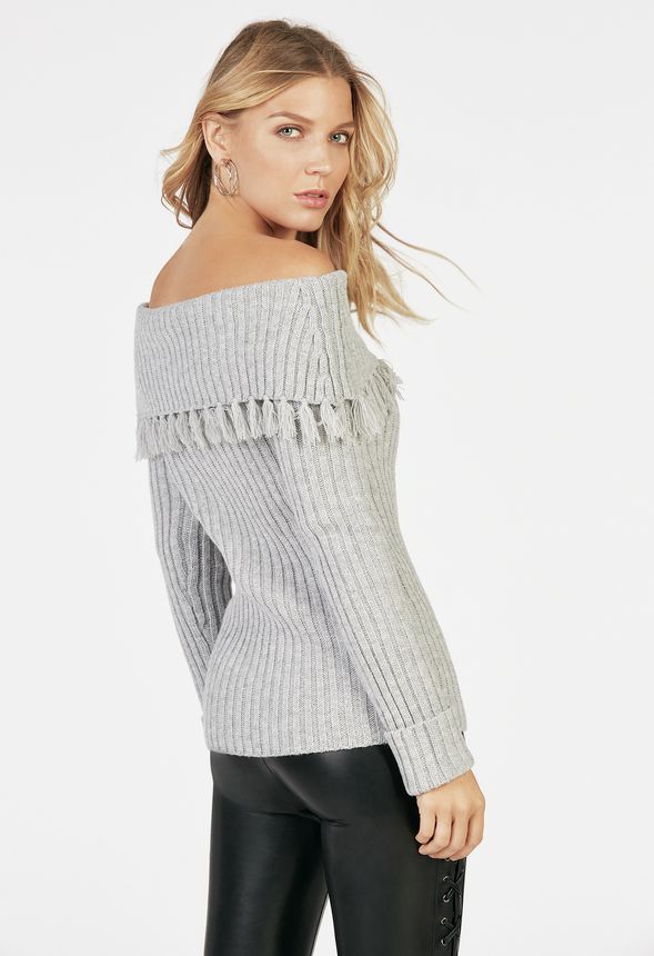 Off Shoulder Sweater With Fringe in Light Grey - Get great deals at JustFab