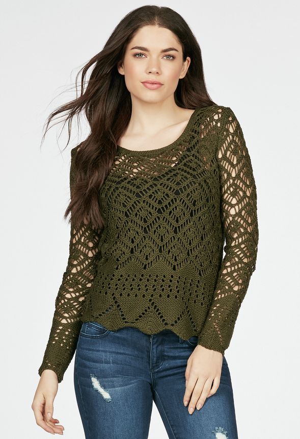 Open Knit Crochet Sweater in Olive Get great deals at JustFab