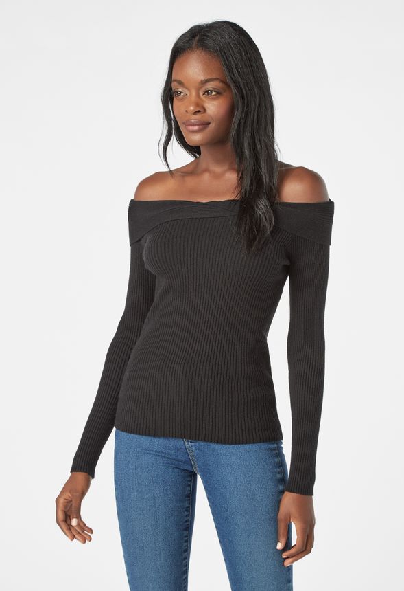 Off Shoulder Rib Sweater in Black - Get great deals at JustFab