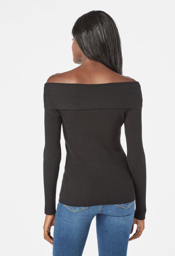 Off Shoulder Rib Sweater in Black - Get great deals at JustFab