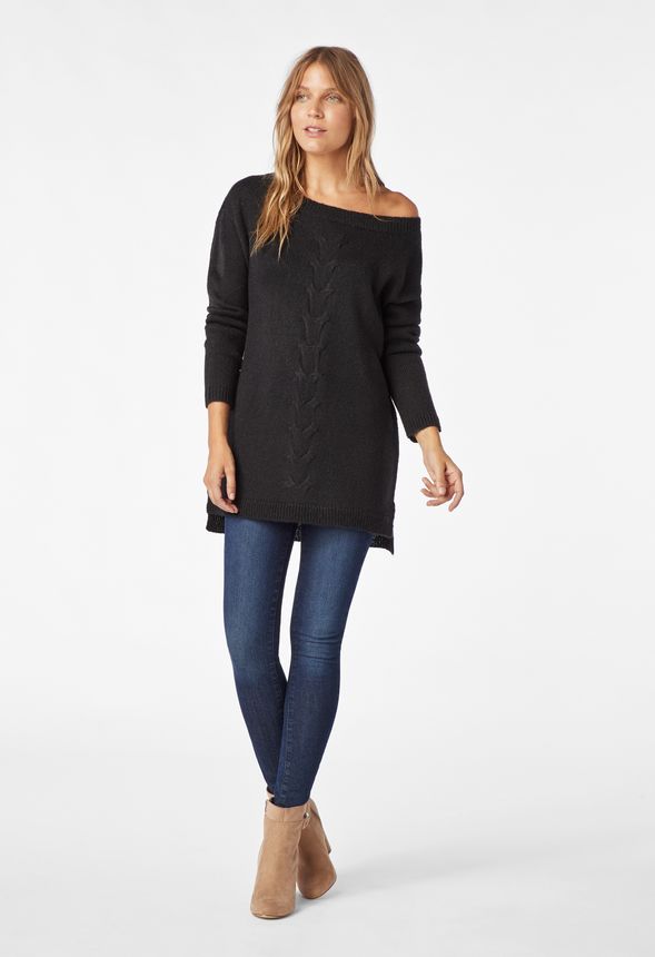 Off Shoulder Cable Knit Detail Tunic in Black - Get great deals at JustFab