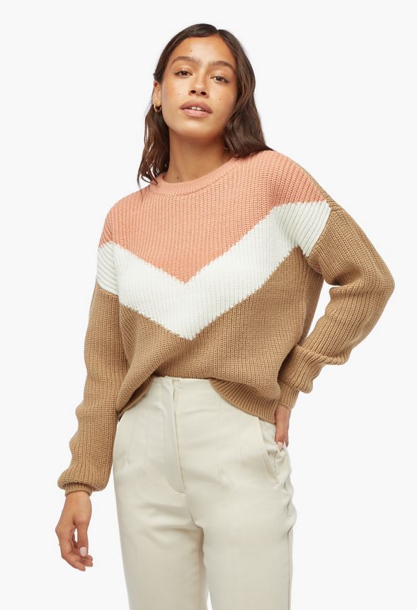 Chevron Varsity Sweater Clothing in Tan Multi - Get great deals at JustFab