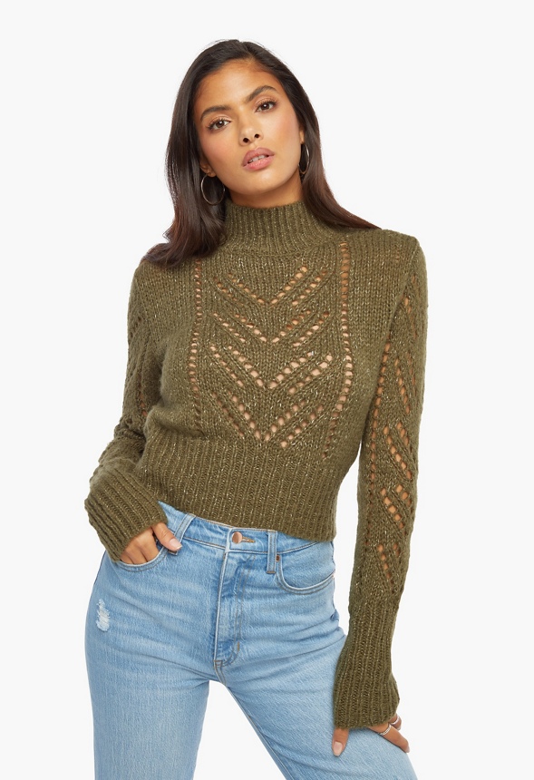 Mock Neck Pointelle Sweater Clothing in Olive Night - Get great deals ...