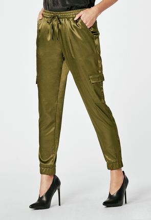 khaki satin joggers