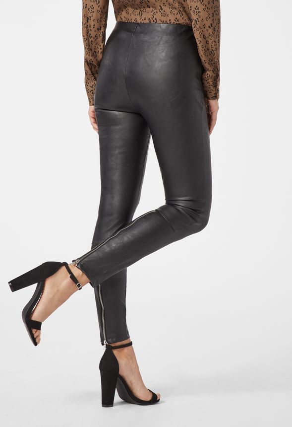 Designer Inspired Genuine Black Leather Leggings with Back-2Bottom invisible Zip