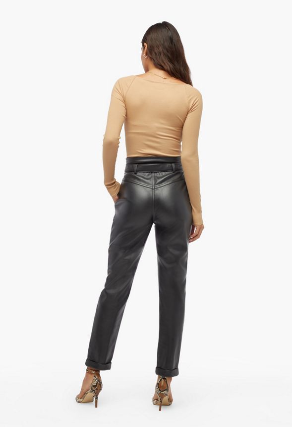 High Rise Belted Faux Leather Trousers
