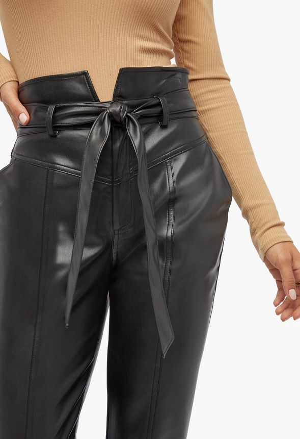 High Rise Belted Faux Leather Trousers