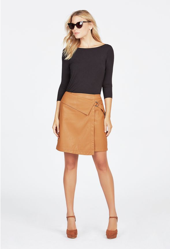 Fold Over Faux Leather Skirt in Cognac - Get great deals at JustFab