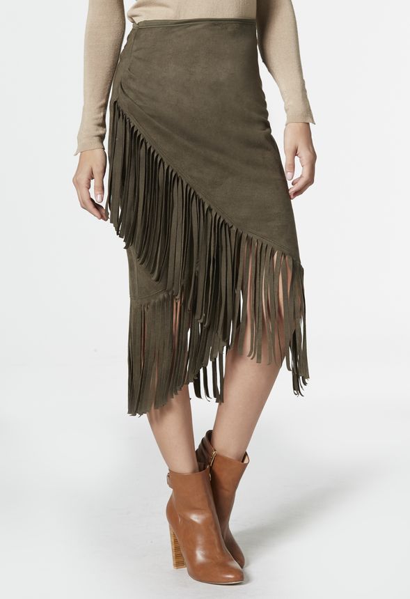 Faux Suede Fringe Skirt in Olive - Get great deals at JustFab