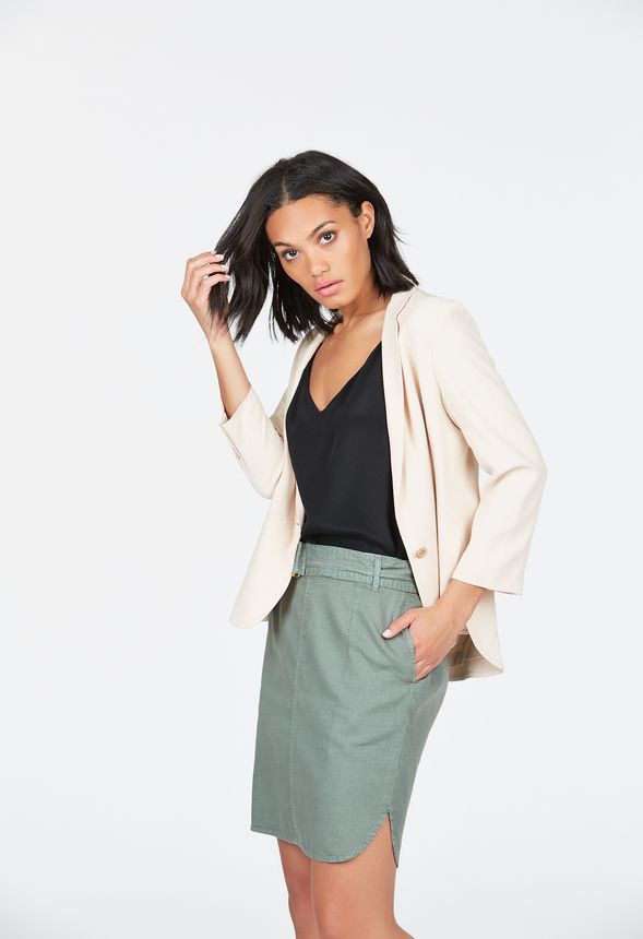 Chambray Belted Skirt in Sage - Get great deals at JustFab