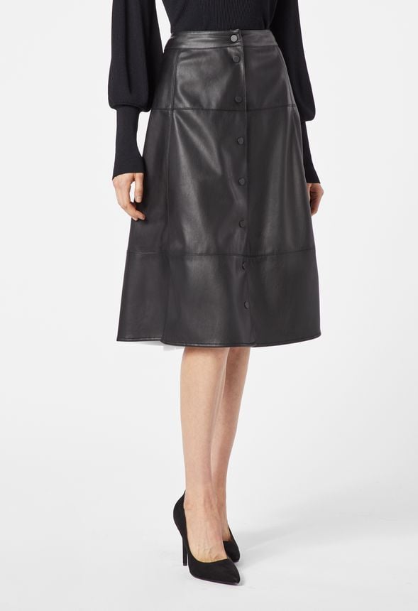 Buttoned Faux Leather Midi Skirt in Black - Get great deals at JustFab