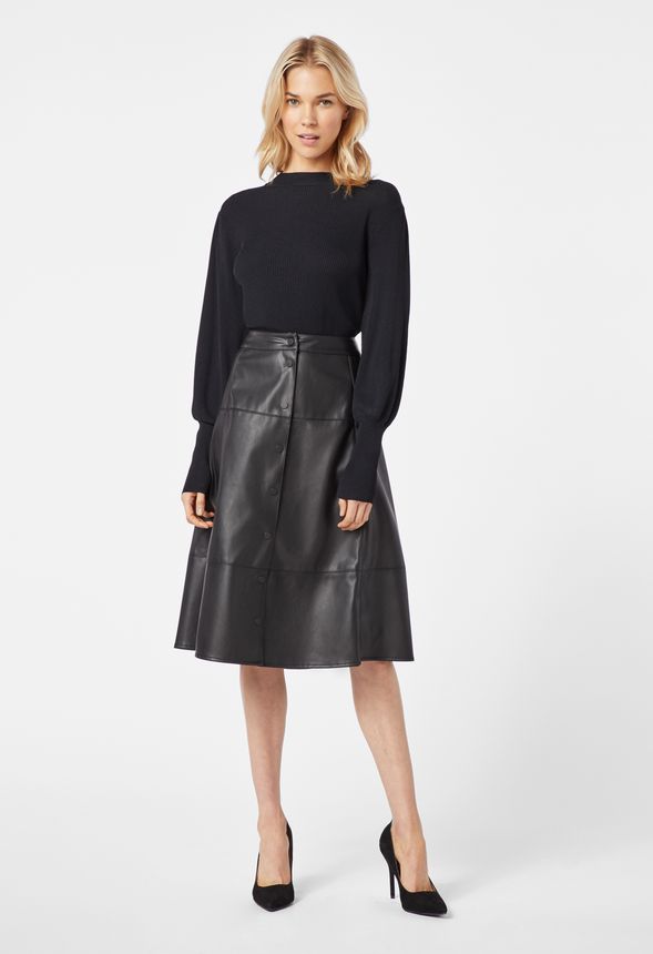 Buttoned Faux Leather Midi Skirt in Black - Get great deals at JustFab