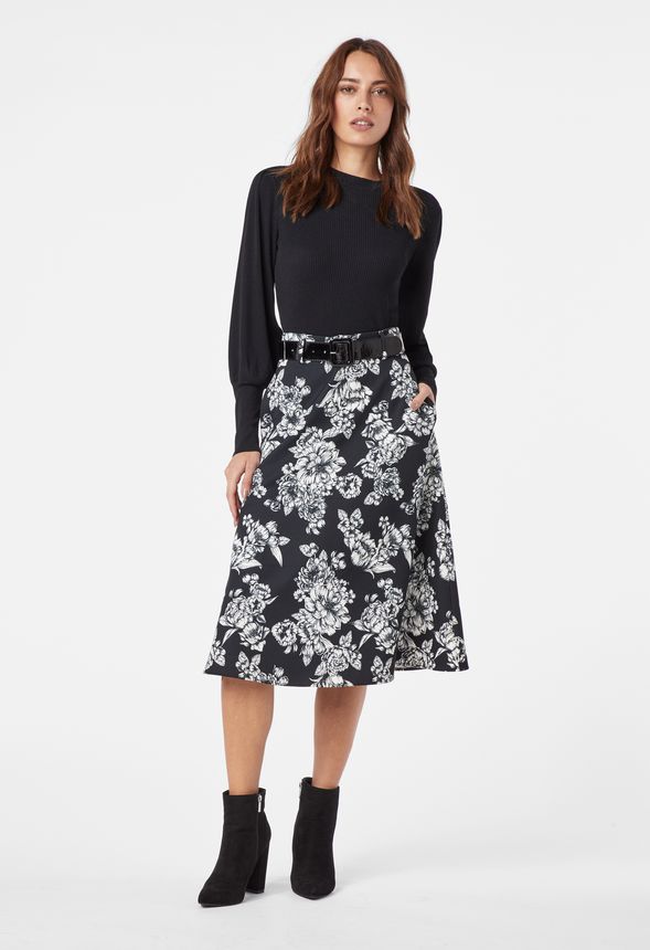 Belted Midi Skirt in Black Multi - Get great deals at JustFab