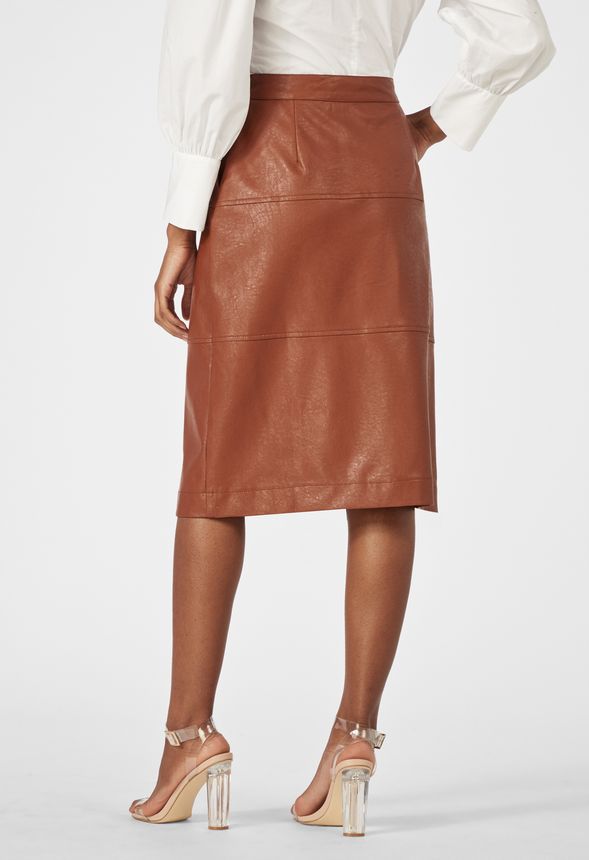 Faux Leather Button Front Midi Skirt in Brown - Get great deals at JustFab