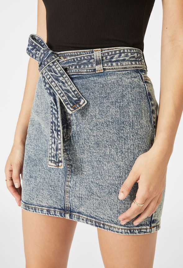 Belted Denim Skirt in Blue Vintage Wash - Get great deals at JustFab