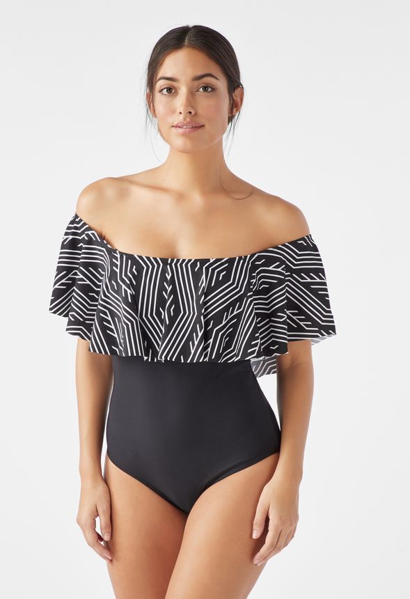 off the shoulder black one piece swimsuit