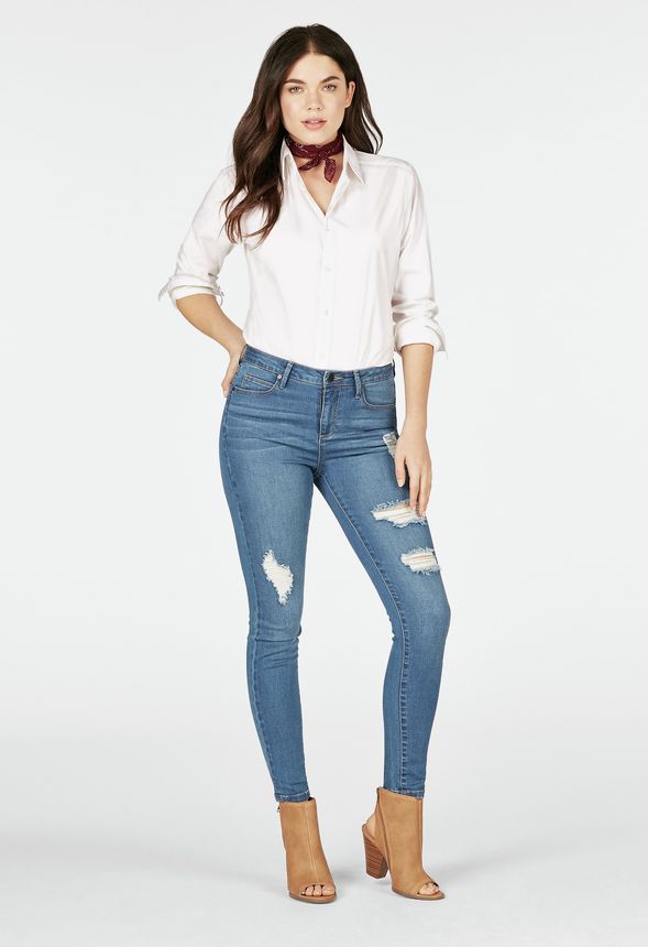 Distressed High-Waisted Skinny Jeans in Blue Typhoon - Get great deals ...