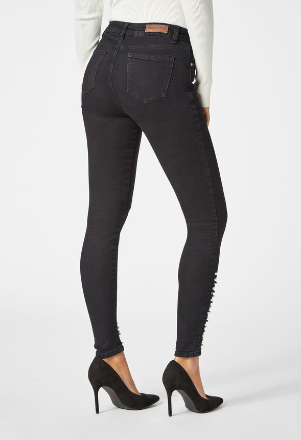 Mid Rise Skinny Jeans With Pearls in Black - Get great deals at JustFab