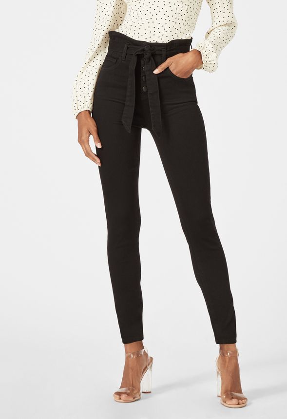 Button Front Paperbag Skinny Jeans in Black - Get great deals at JustFab