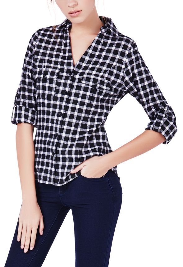 Cinched Back Flannel Shirt in Black/White - Get great deals at JustFab