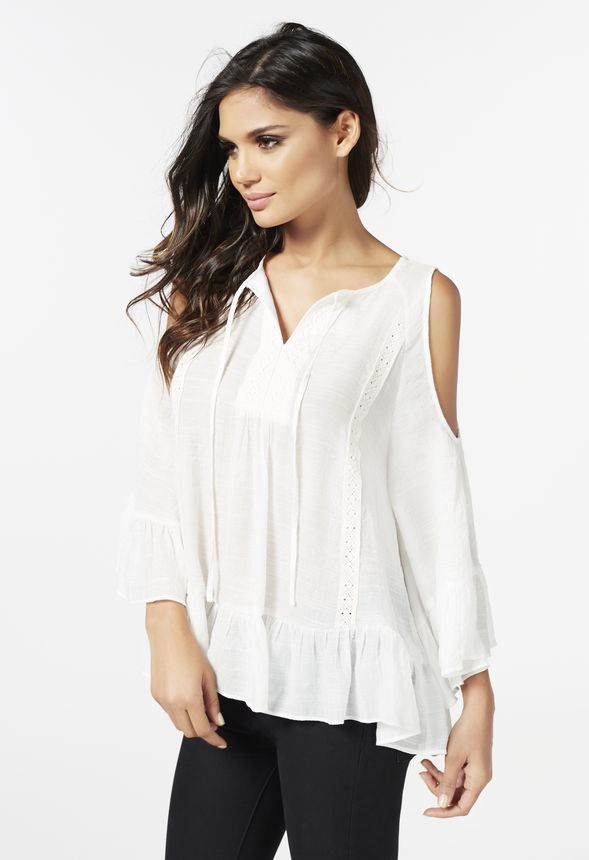 Gauzy Open Shoulder Top in Off-White - Get great deals at JustFab