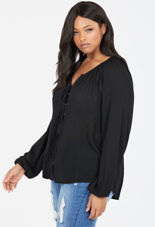 Lace Up Front Top in Black - Get great deals at JustFab