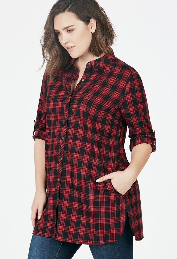 Longline Flannel Tunic in Red Multi - Get great deals at JustFab