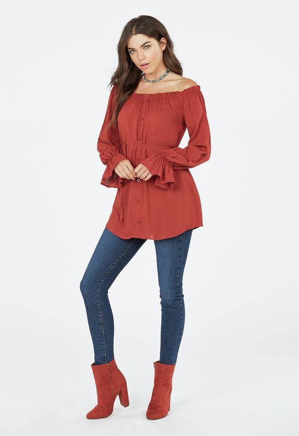 Off Shoulder Button Front Tunic in CINNAMON - Get great deals at JustFab