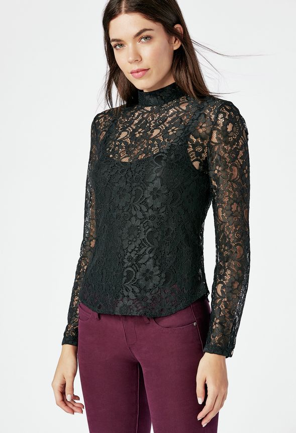 Zip Back Lace Blouse in Black - Get great deals at JustFab