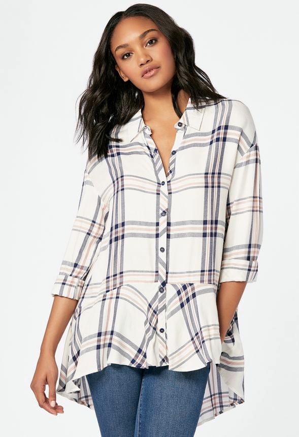 Peplum Button Up Blouse in WHITE MULTI - Get great deals at JustFab