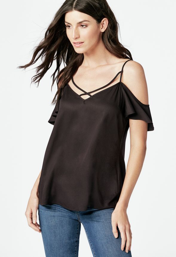 Flouncy Cold Shoulder Top in Black - Get great deals at JustFab