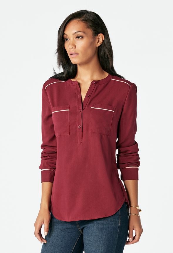 Long Sleeve Shirt With Piping in Oxblood - Get great deals at JustFab