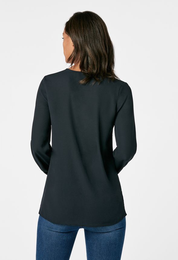 Y-Neck Flowy Blouse in Black - Get great deals at JustFab