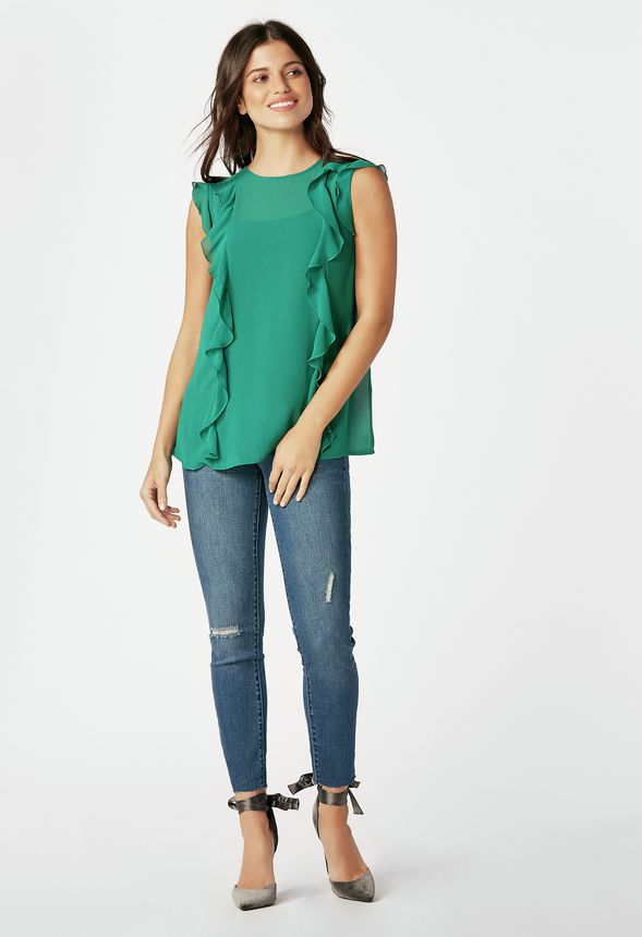 Chiffon Ruffle Blouse in Alpine Green - Get great deals at JustFab