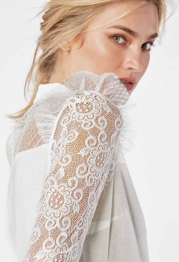 Lace Tiered Mock Neck Top in Off-White - Get great deals at JustFab