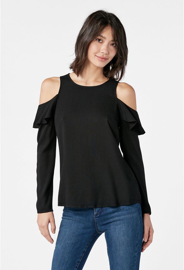 Cold Shoulder Ruffle Top in Black - Get great deals at JustFab