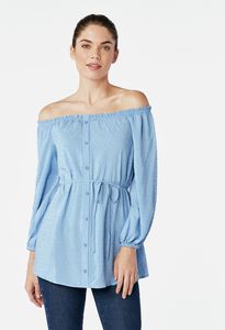 Off Shoulder Button Front Top in CHAMBRAY - Get great deals at JustFab