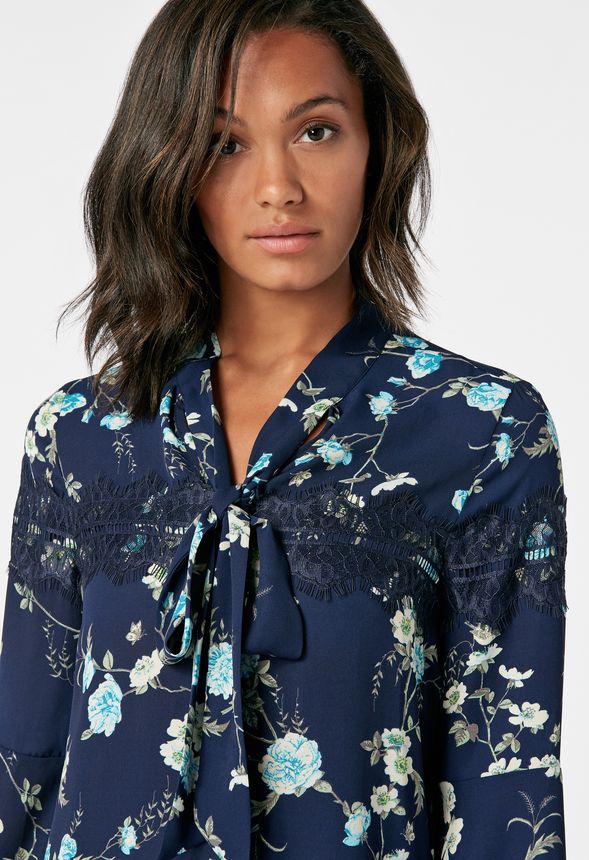 Lace Trim Blouse in Dark Indigo Mul - Get great deals at JustFab