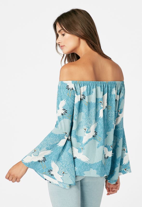 Off Shoulder Flare Sleeve Top in Blue Multi - Get great deals at JustFab