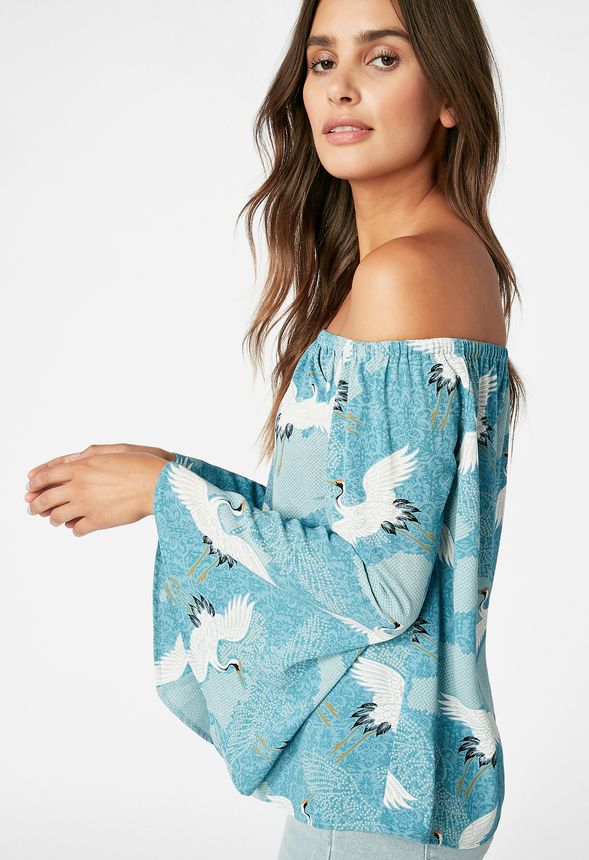 Off Shoulder Flare Sleeve Top in Blue Multi - Get great deals at JustFab