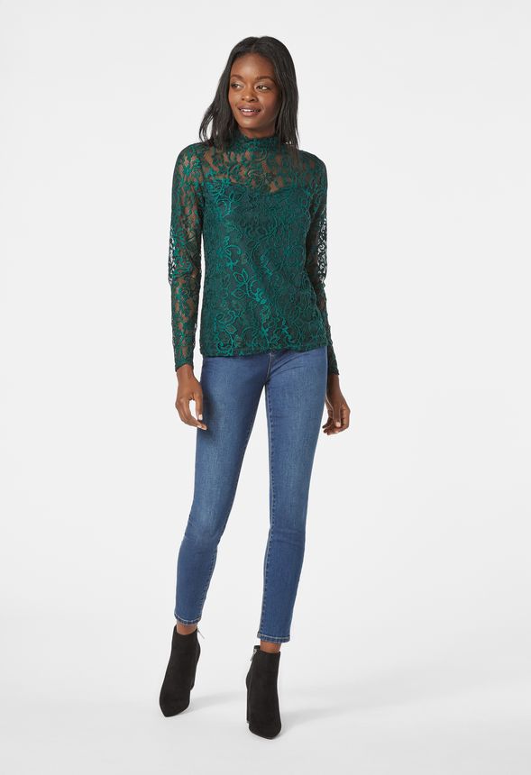 Mock Neck Lace Top in June Bug - Get great deals at JustFab